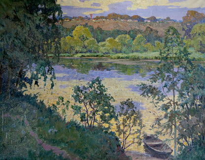 Oil painting by Korostelev Vladimir Alexandrovich: rowboat on lake shore at twilight