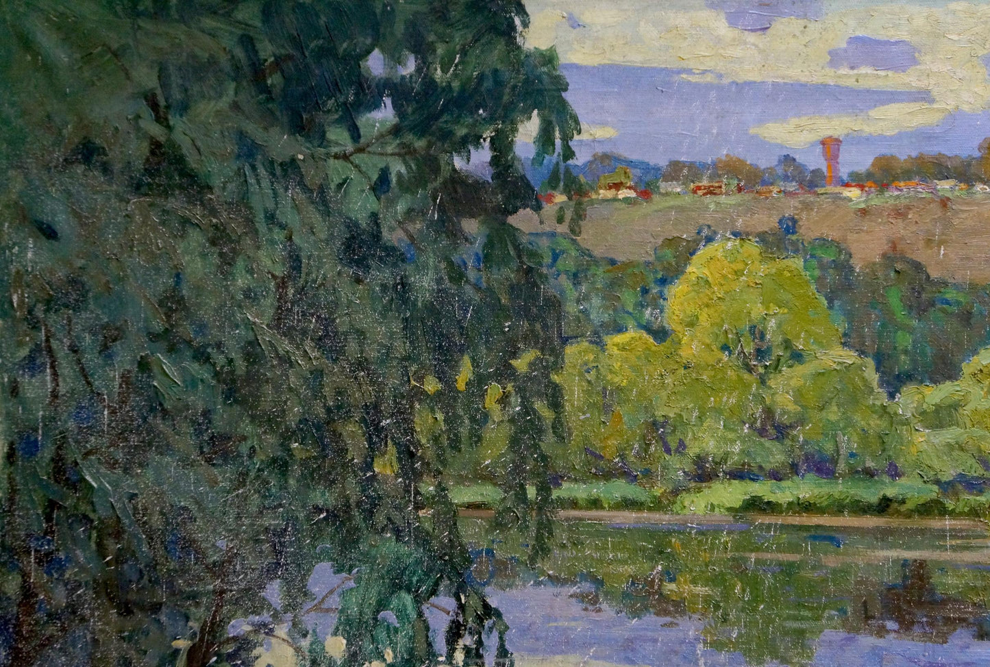 Vibrant impressionistic oil painting by Korostelev Vladimir Alexandrovich of lush riverbank scene