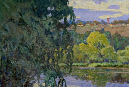 Vibrant impressionistic oil painting by Korostelev Vladimir Alexandrovich of lush riverbank scene