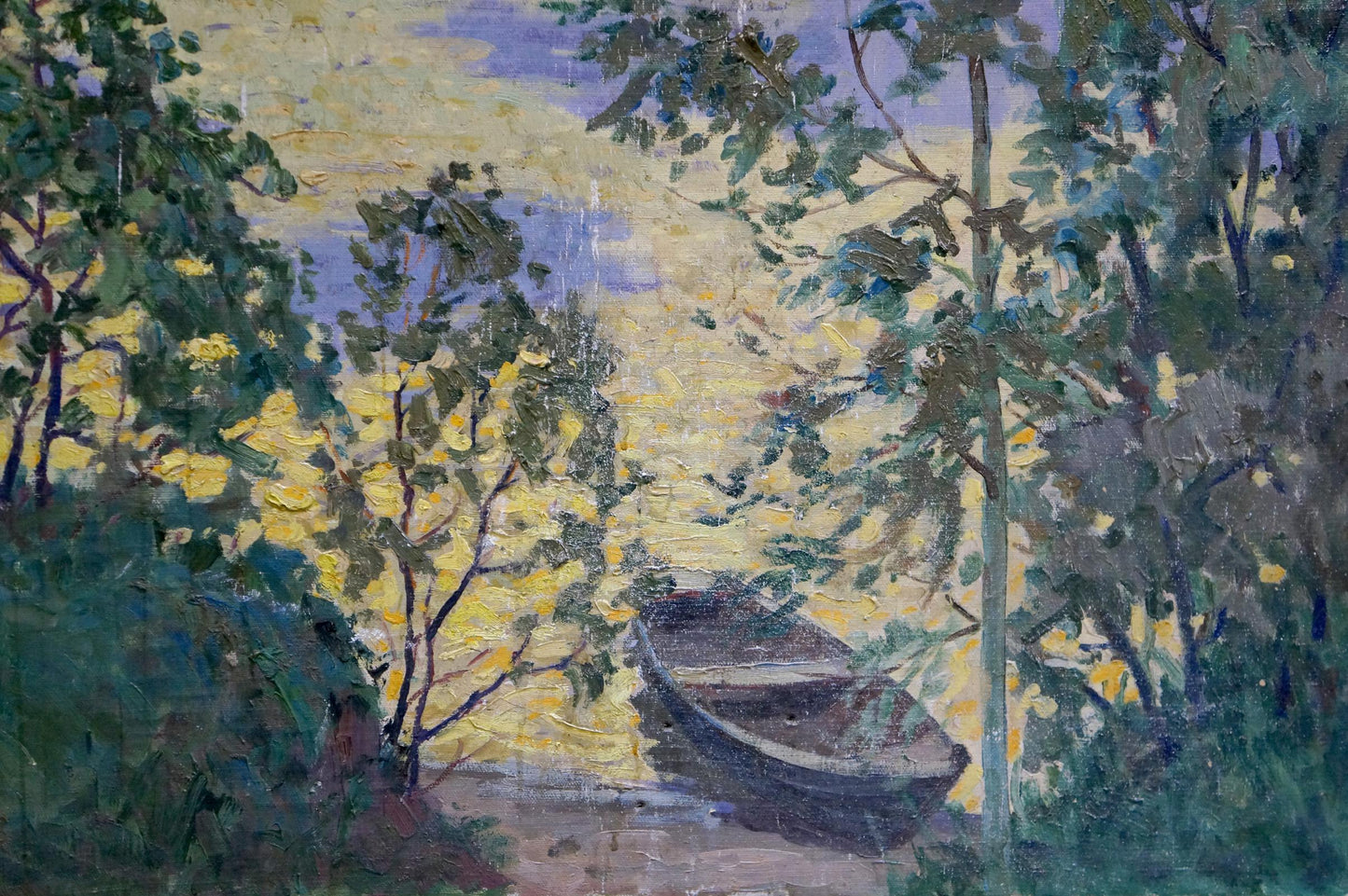 Oil painting by Korostelev Vladimir Alexandrovich: rowboat among trees at dusk