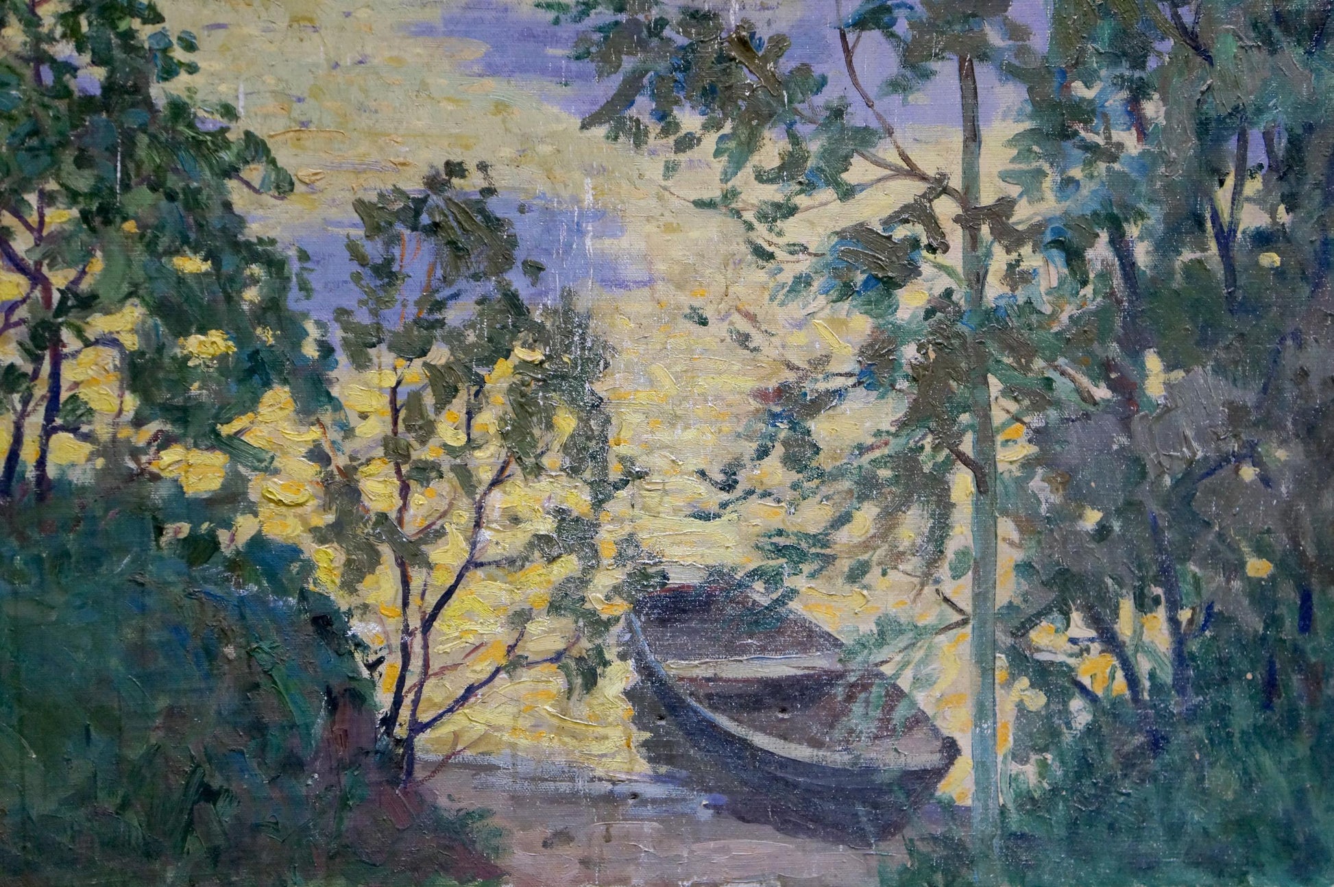 Oil painting by Korostelev Vladimir Alexandrovich: rowboat among trees at dusk