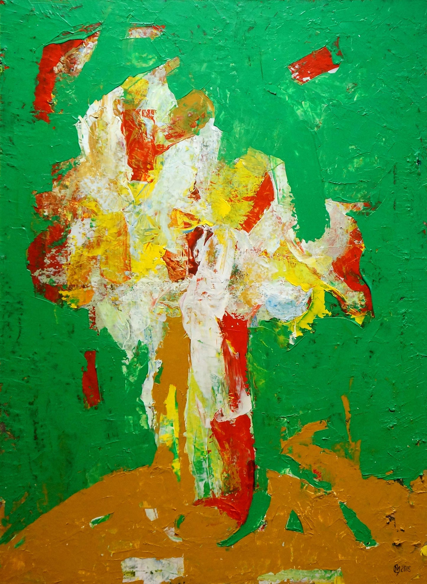 Abstract oil painting Still life by Igor Eremovich Melnik with vibrant white, yellow, red strokes on green
