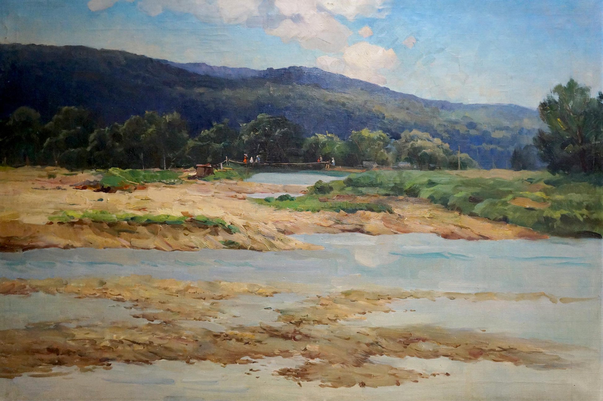 Serene oil painting by Bokshay Joseph Iosifovich: river in lush green hills