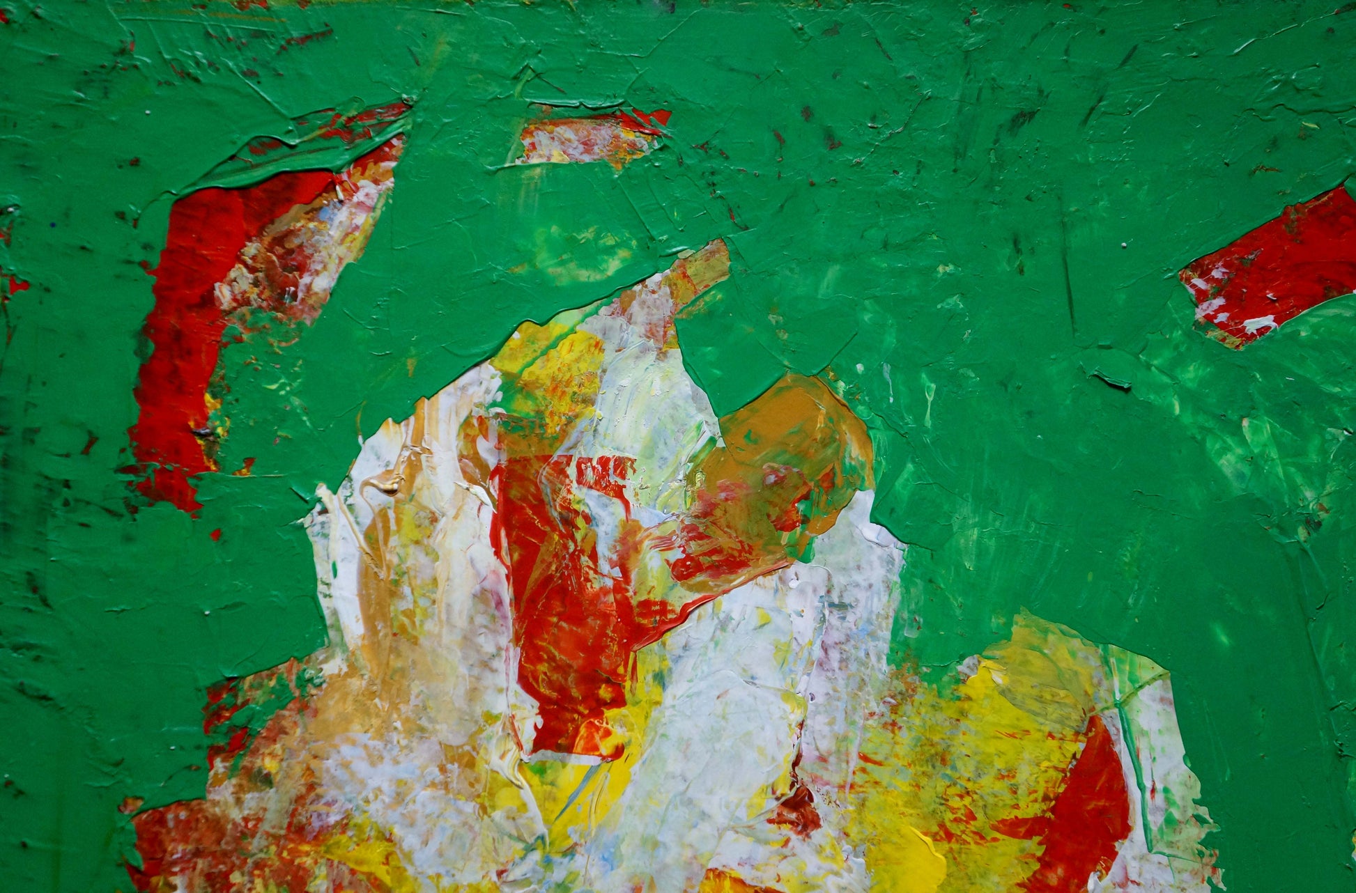 Abstract oil still life painting by Igor Eremovich Melnik with green textured background and bold red white yellow orange strokes