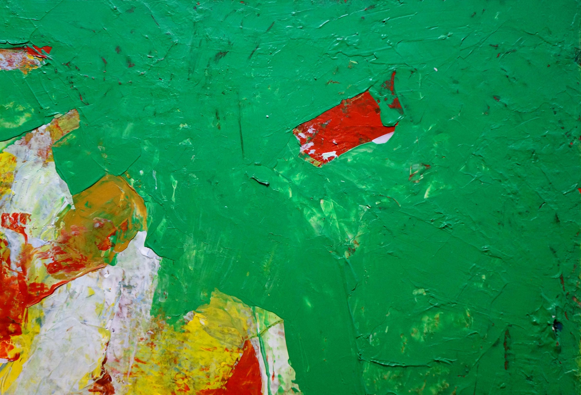Abstract oil painting Still life by Igor Eremovich Melnik: peeling green paint revealing red, white, yellow layers