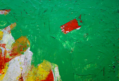 Abstract oil painting Still life by Igor Eremovich Melnik: peeling green paint revealing red, white, yellow layers