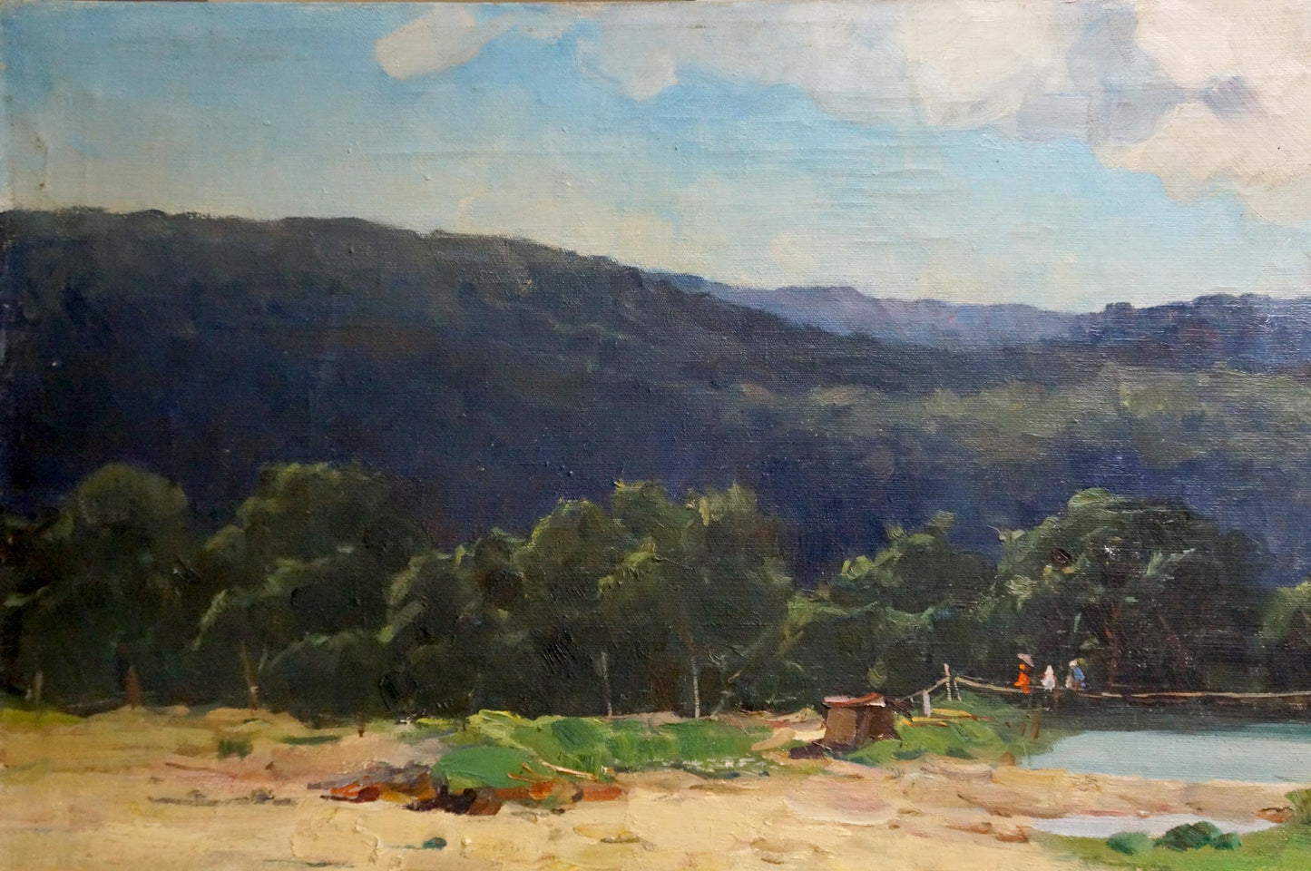 A serene landscape painting featuring rolling green hills under a soft blue sky with fluffy white clouds, depicting a tranquil riverside scene.