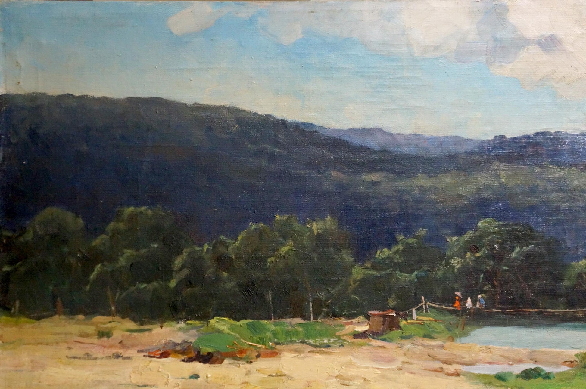 A serene landscape painting featuring rolling green hills under a soft blue sky with fluffy white clouds, depicting a tranquil riverside scene.