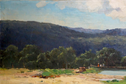 A serene landscape painting featuring rolling green hills under a soft blue sky with fluffy white clouds, depicting a tranquil riverside scene.