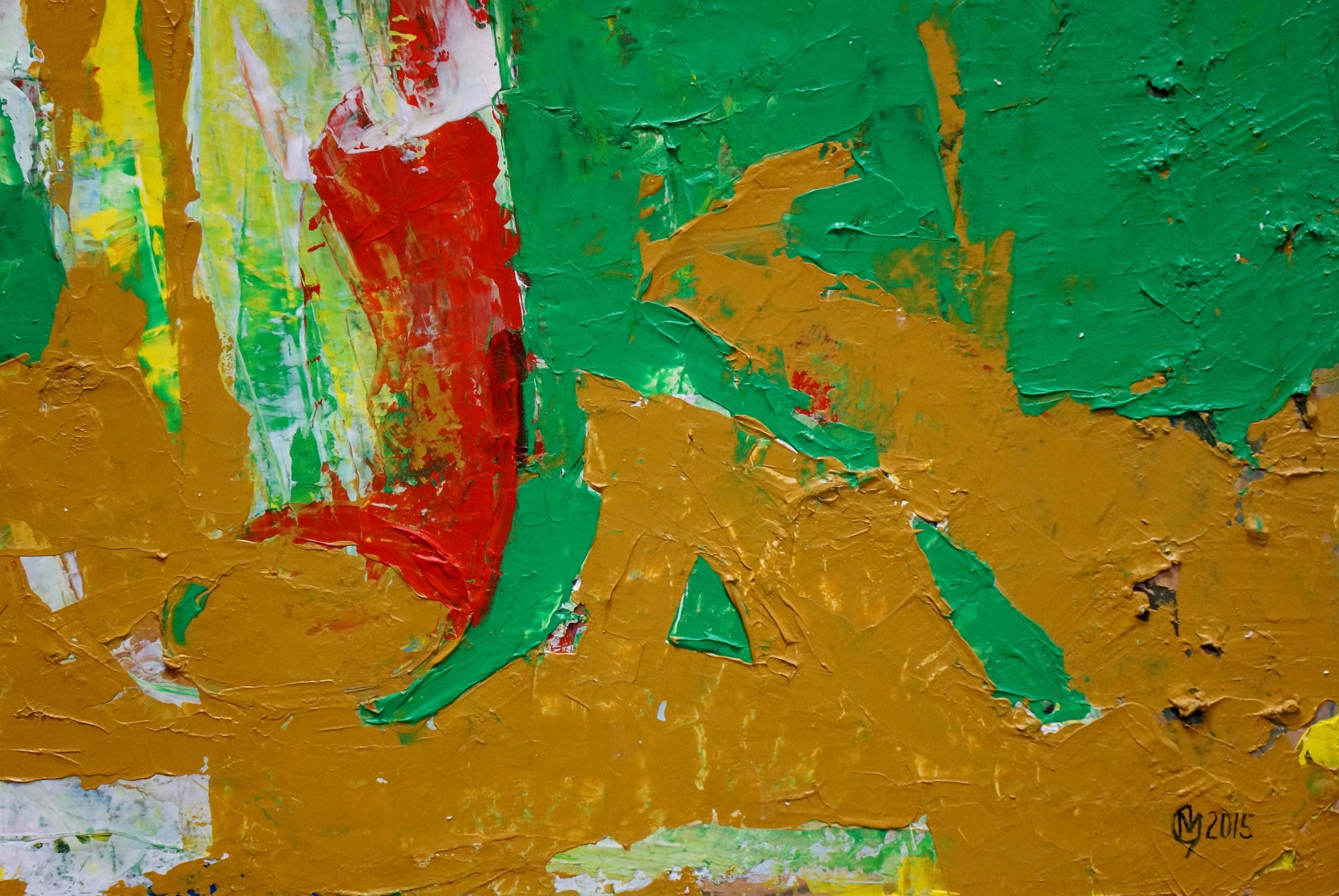 Abstract oil still life painting by Igor Eremovich Melnik vibrant green yellow red textured layers