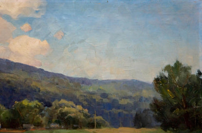Serene oil painting by Bokshay Joseph Iosifovich: green hills, blue sky, clouds