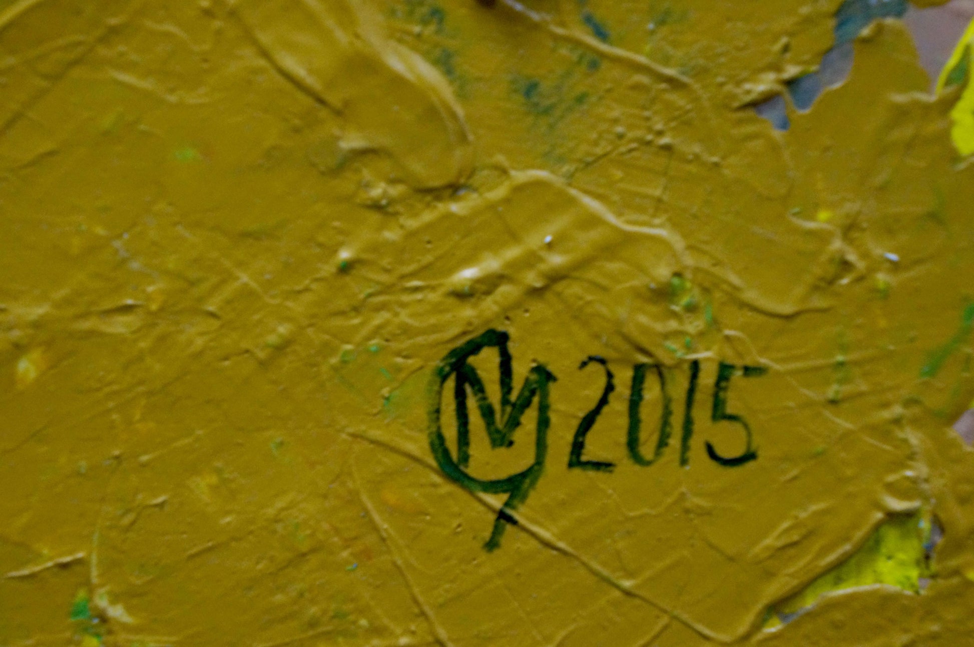 Back of Igor Eremovich Melnik abstract oil painting with green ink signature on yellow textured surface