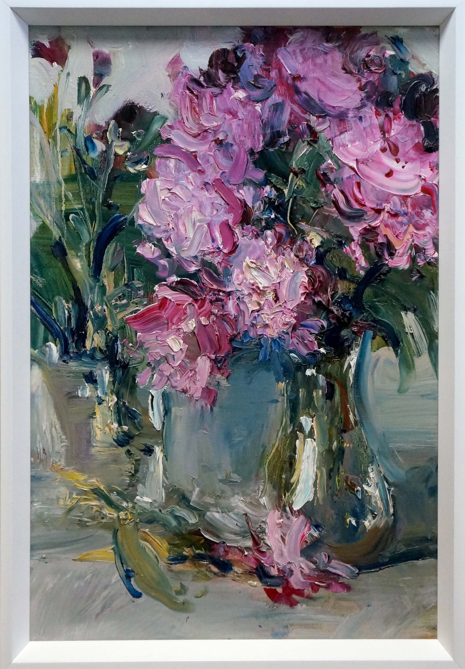 Vibrant impressionist oil painting of pink purple peonies bouquet in glass vase by Klimenko Alexander Ivanovich