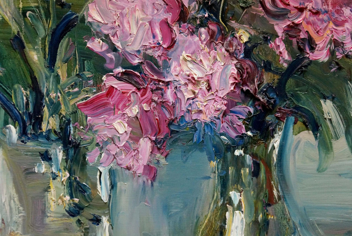 Oil painting of vibrant pink magenta bouquet in blue vase by Klimenko Alexander Ivanovich