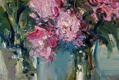 Oil painting of vibrant pink magenta bouquet in blue vase by Klimenko Alexander Ivanovich