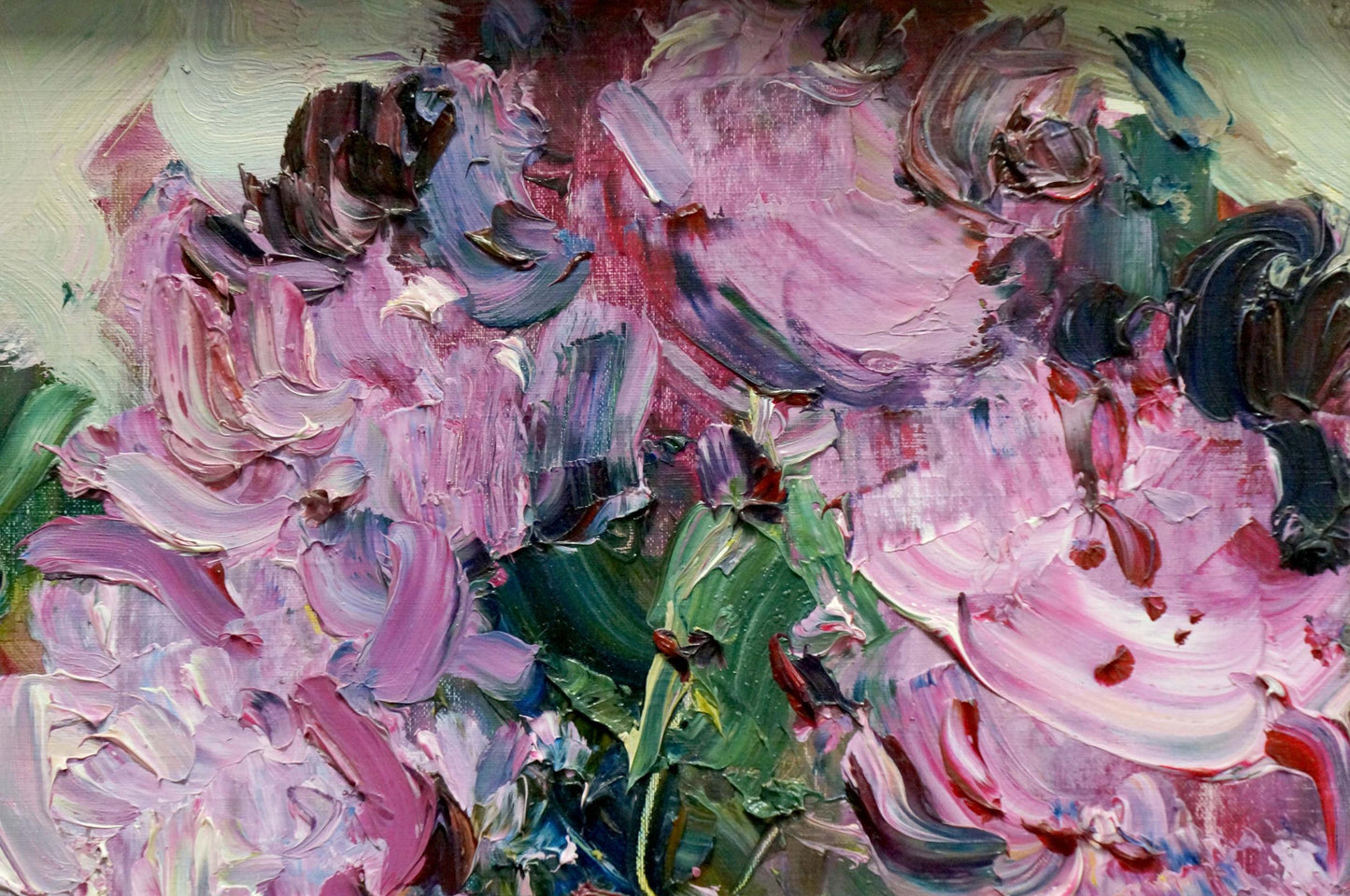 Vibrant impressionist oil painting of pink purple flowers by Klimenko Alexander Ivanovich