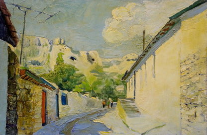 Oil painting by Miroshnichenko Pavel Petrovich: sunlit village alleyway
