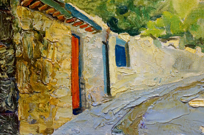 Oil painting by Miroshnichenko Pavel Petrovich: vibrant orange door on sunlit stone wall