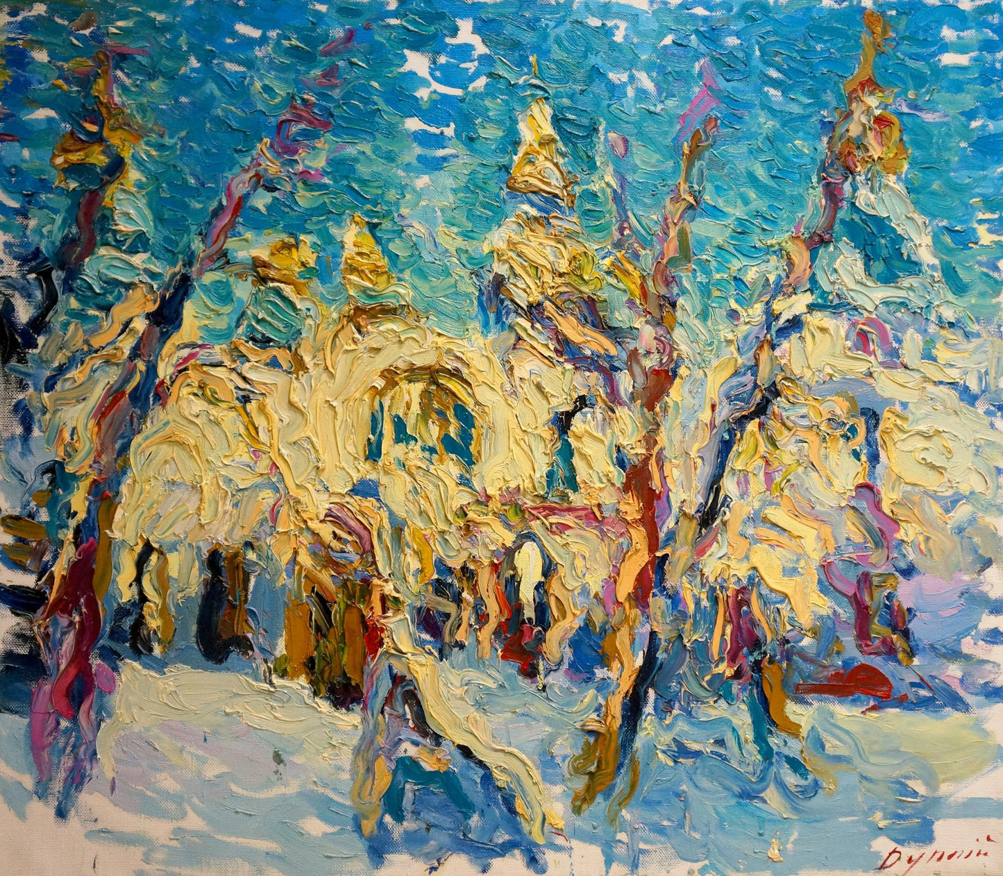 Vibrant impressionist oil painting View of the Snow Chapel by Sergey Dupliy