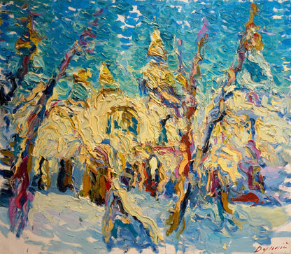 Vibrant impressionist oil painting View of the Snow Chapel by Sergey Dupliy