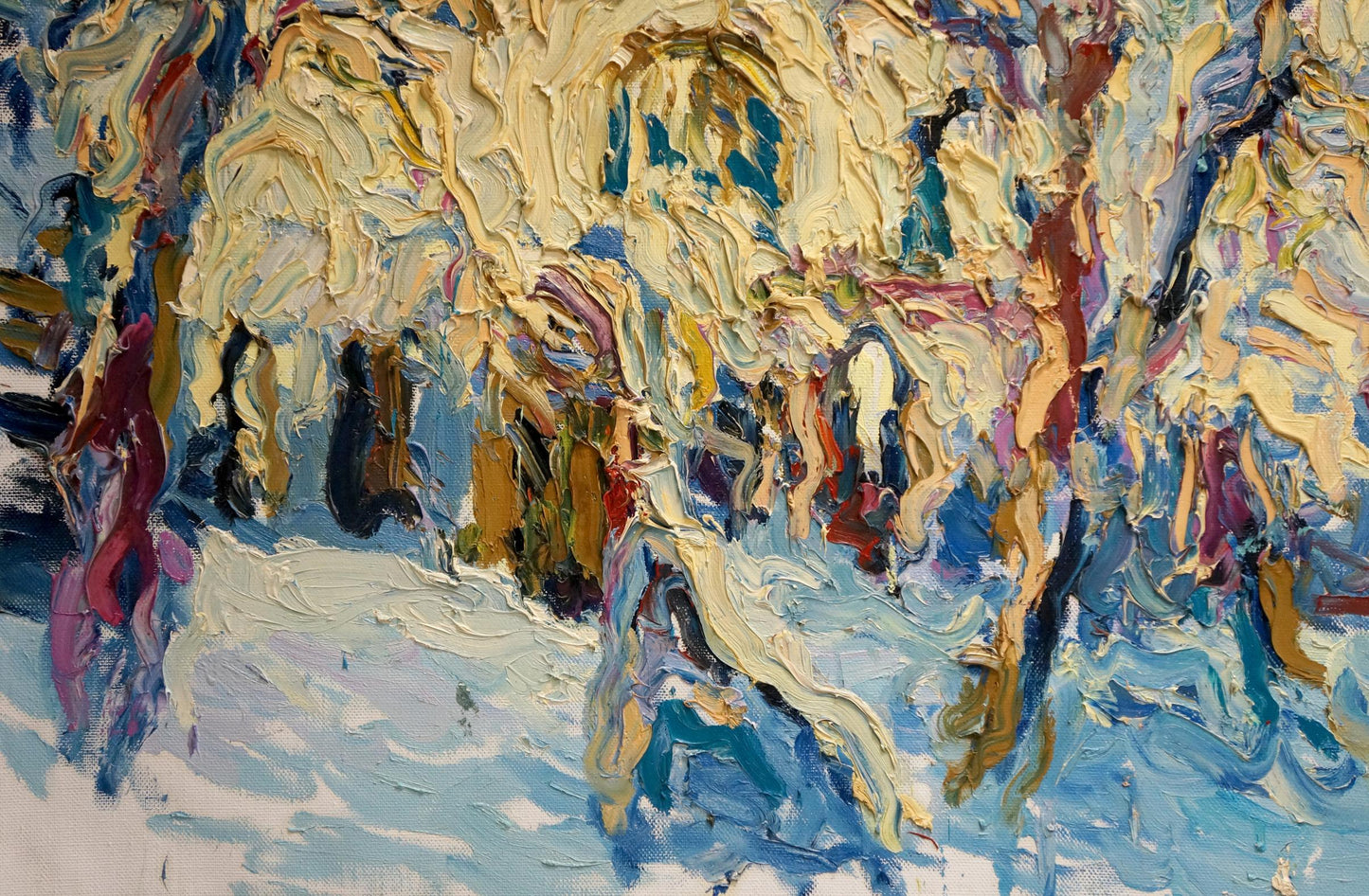 Oil painting View of the snow chapel by Sergey Dupliy, vibrant winter scene