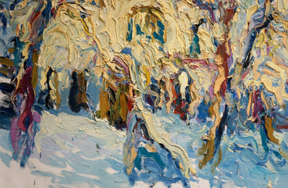 Oil painting View of the snow chapel by Sergey Dupliy, vibrant winter scene