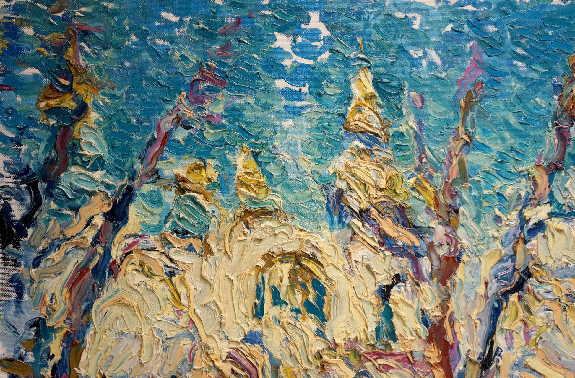 Oil painting of Sergey Dupliy View of the snow chapel golden spires blue sky