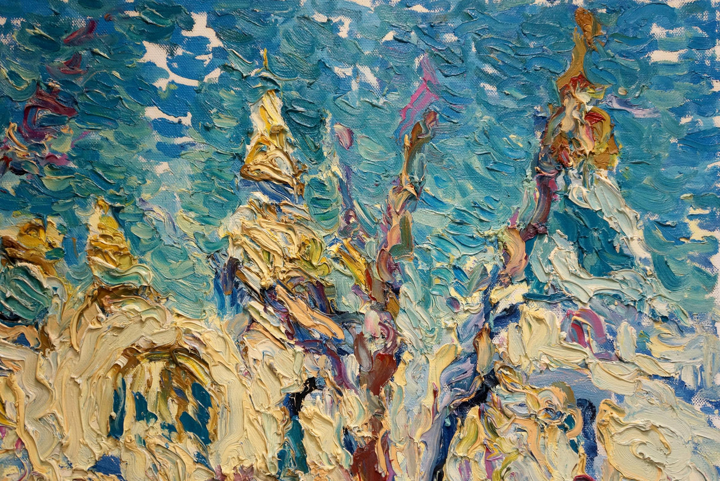 Vibrant impressionist oil painting of Sergey Dupliy View of the snow chapel with golden spires and blue sky