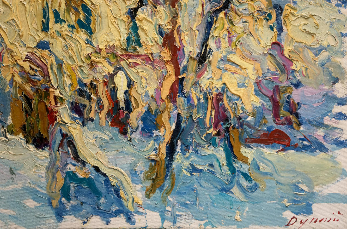 Oil painting View of the snow chapel by Sergey Dupliy, vibrant abstract textured strokes