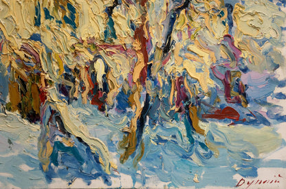 Oil painting View of the snow chapel by Sergey Dupliy, vibrant abstract textured strokes