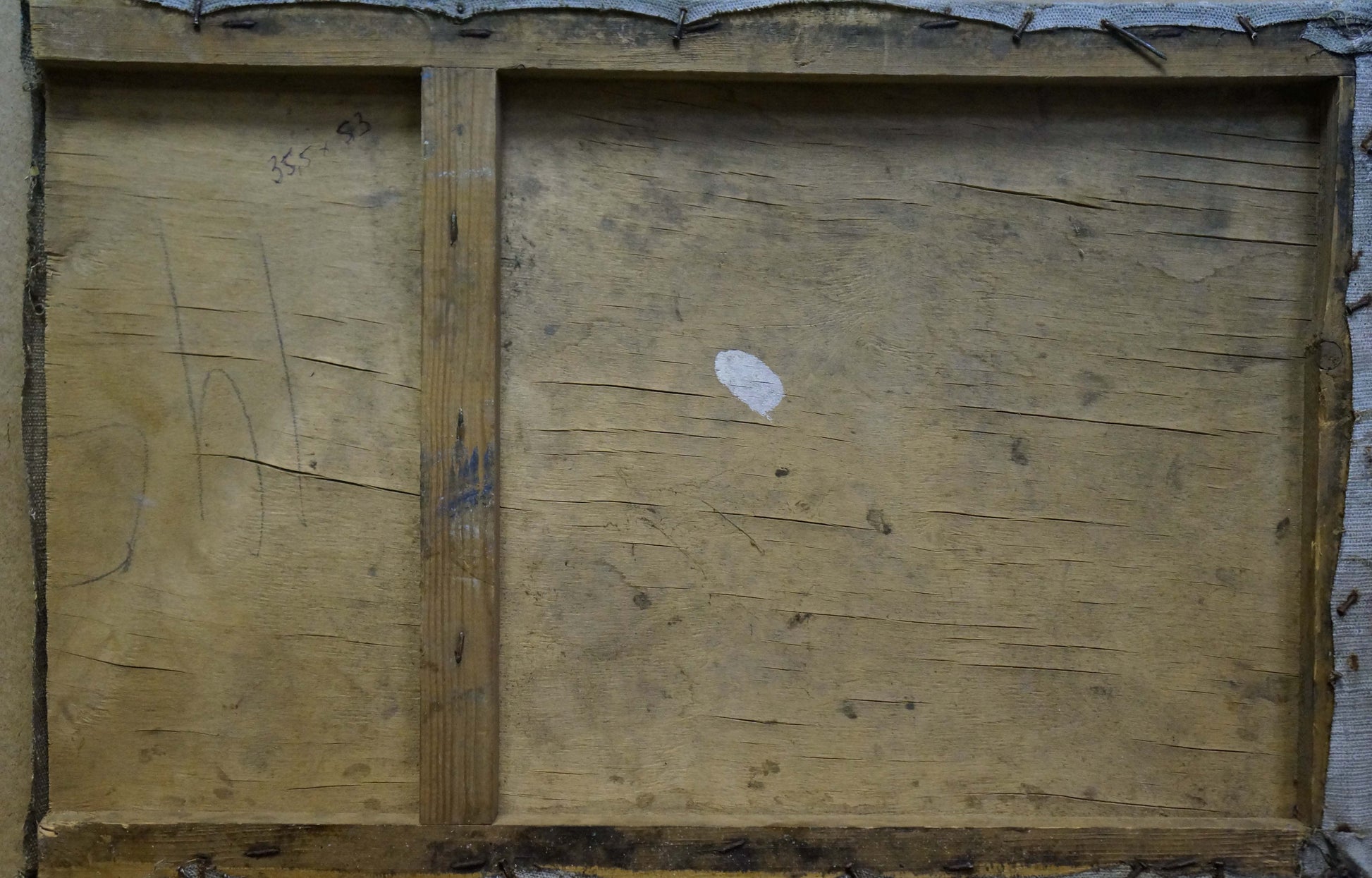 Back of weathered wooden frame for Oil painting The streets of the city by Miroshnichenko Pavel Petrovich