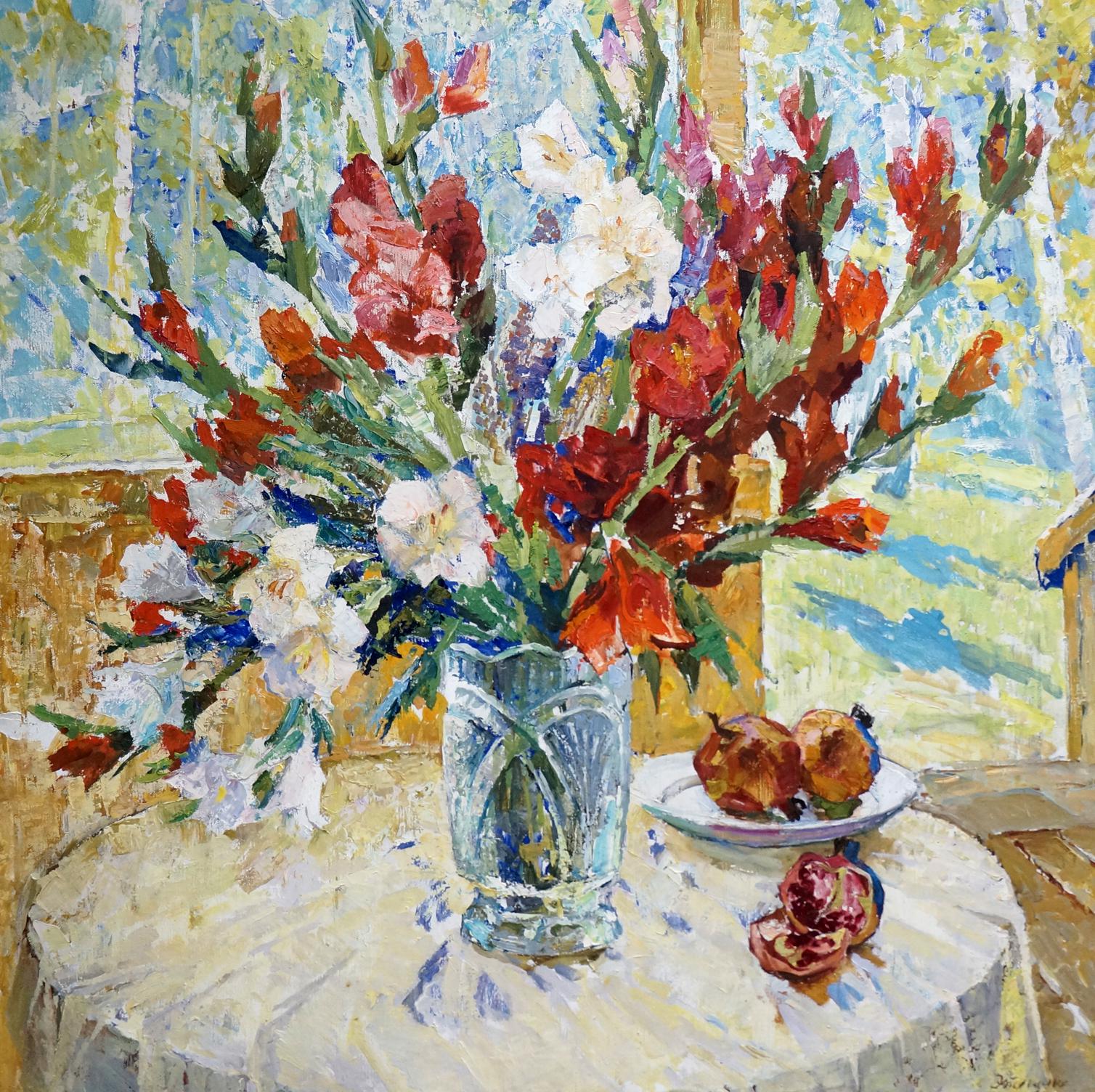 Oil painting of red and white gladioli in faceted glass vase by Mishchenko Alexey Mikhailovich