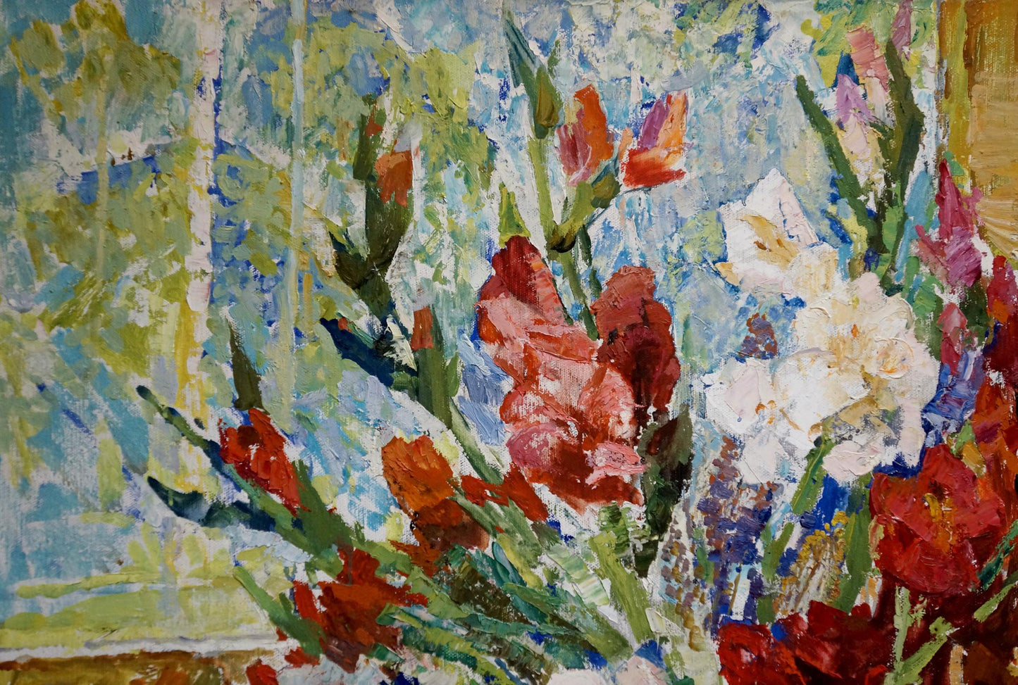 Vibrant impressionist oil painting of red white pink gladiolus flowers by Mishchenko Alexey Mikhailovich