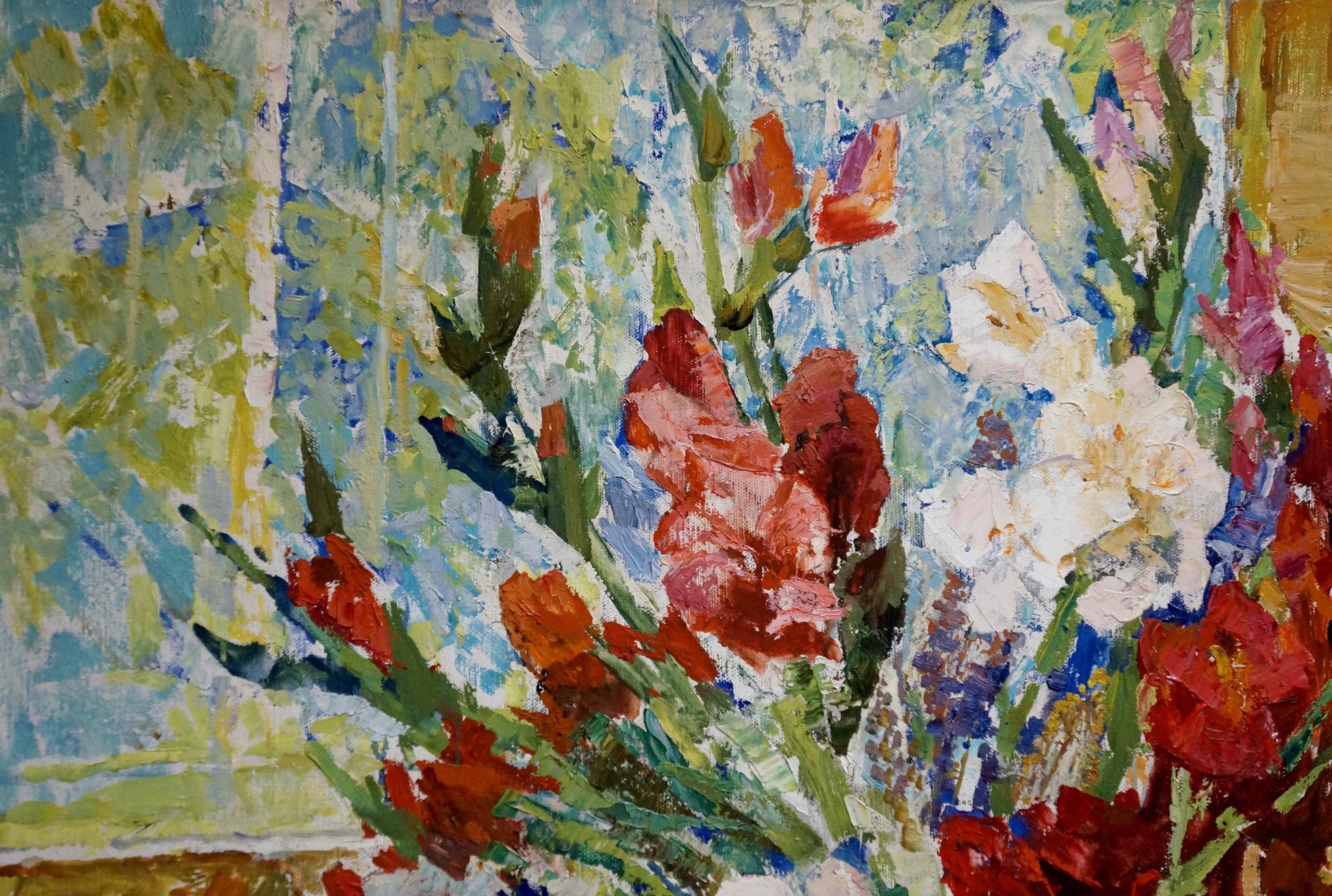 Vibrant impressionist oil painting of red white pink gladiolus flowers by Mishchenko Alexey Mikhailovich
