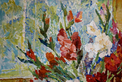 Vibrant impressionist oil painting of red white pink gladiolus flowers by Mishchenko Alexey Mikhailovich