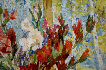 Vibrant red and white gladiolus oil painting by Mishchenko Alexey Mikhailovich