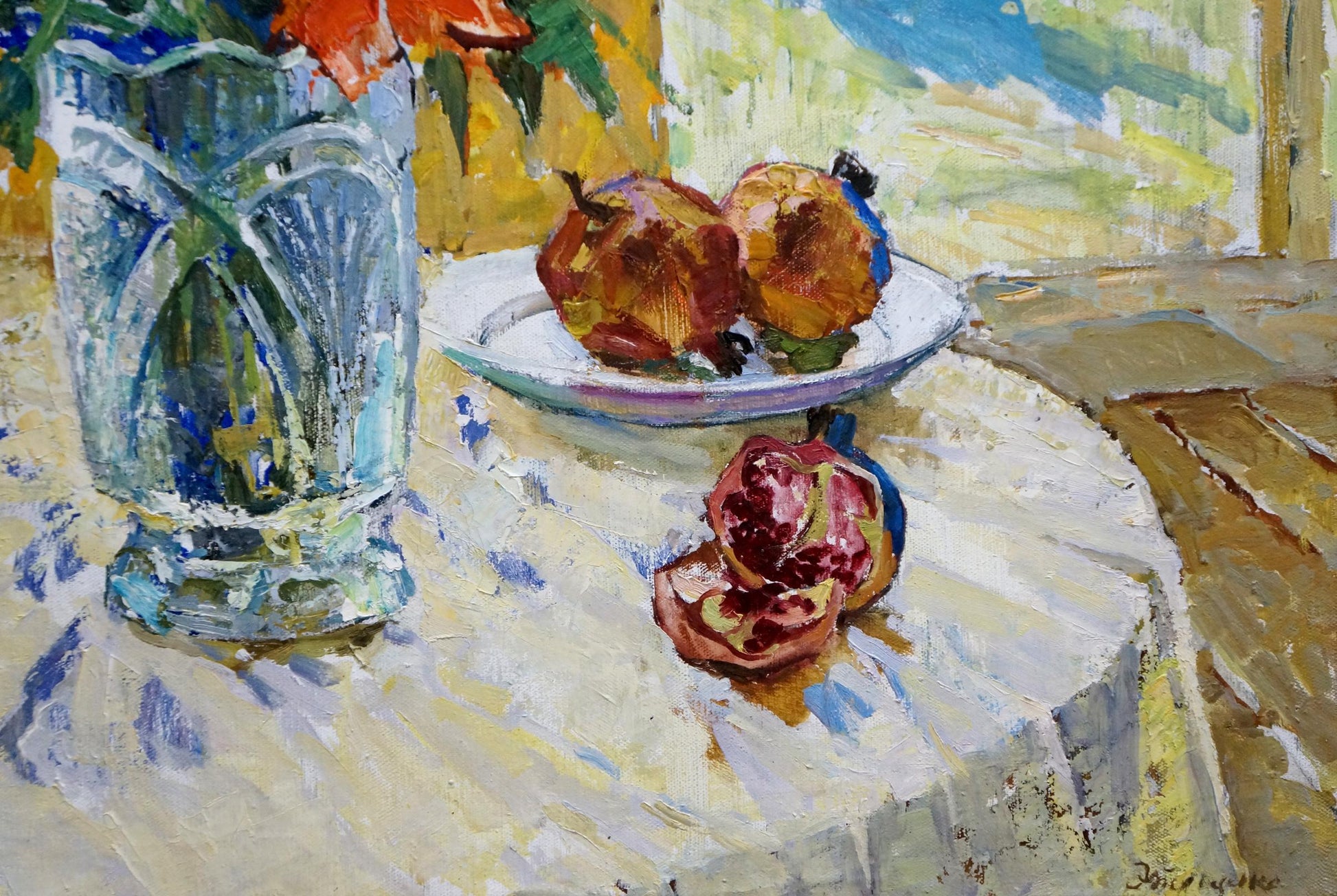 Oil painting Flowers Mishchenko Alexey Mikhailovich: translucent blue vase with orange flowers