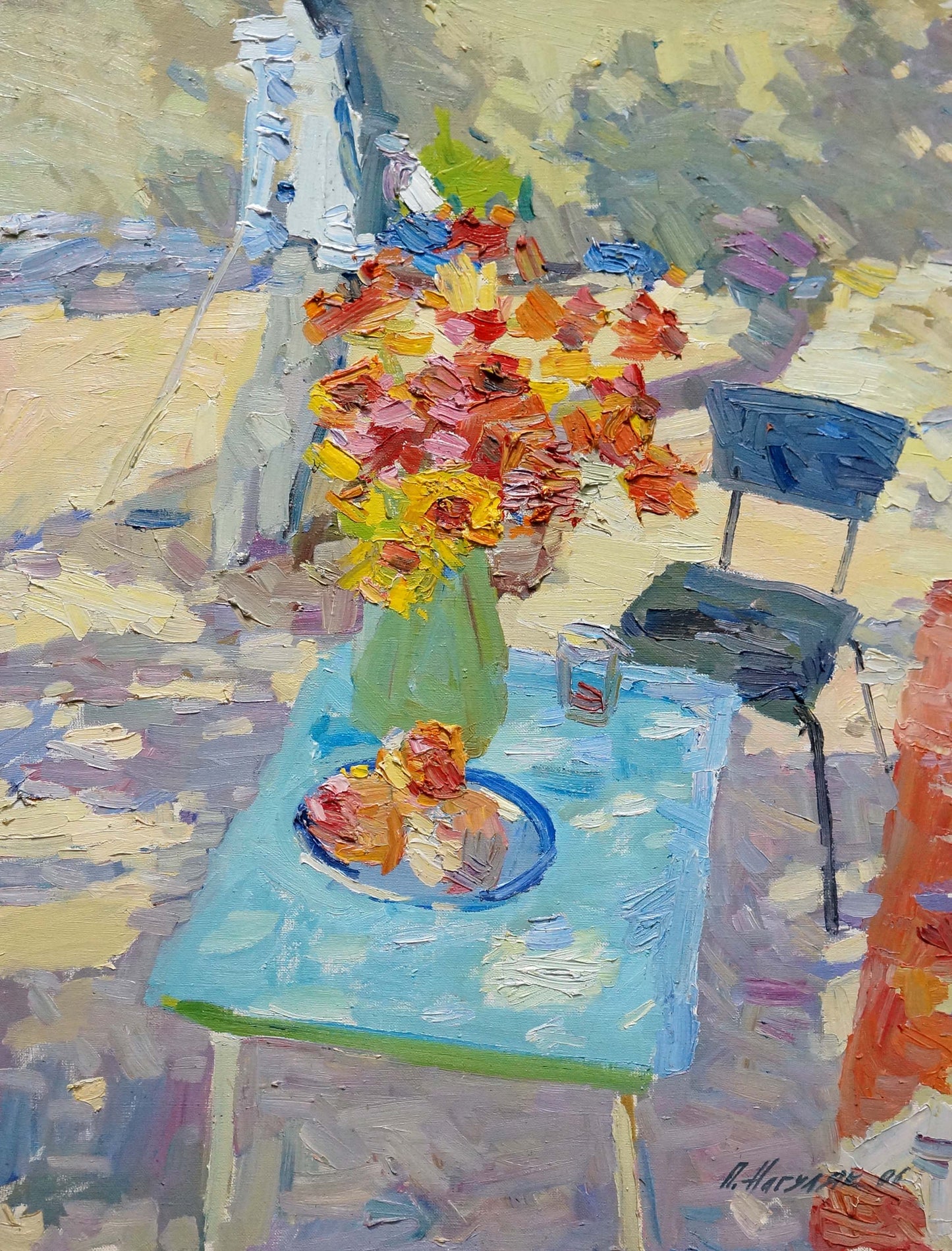 Oil painting by Nagulyak Petr Ivanovich: orange yellow flowers in green vase on blue table