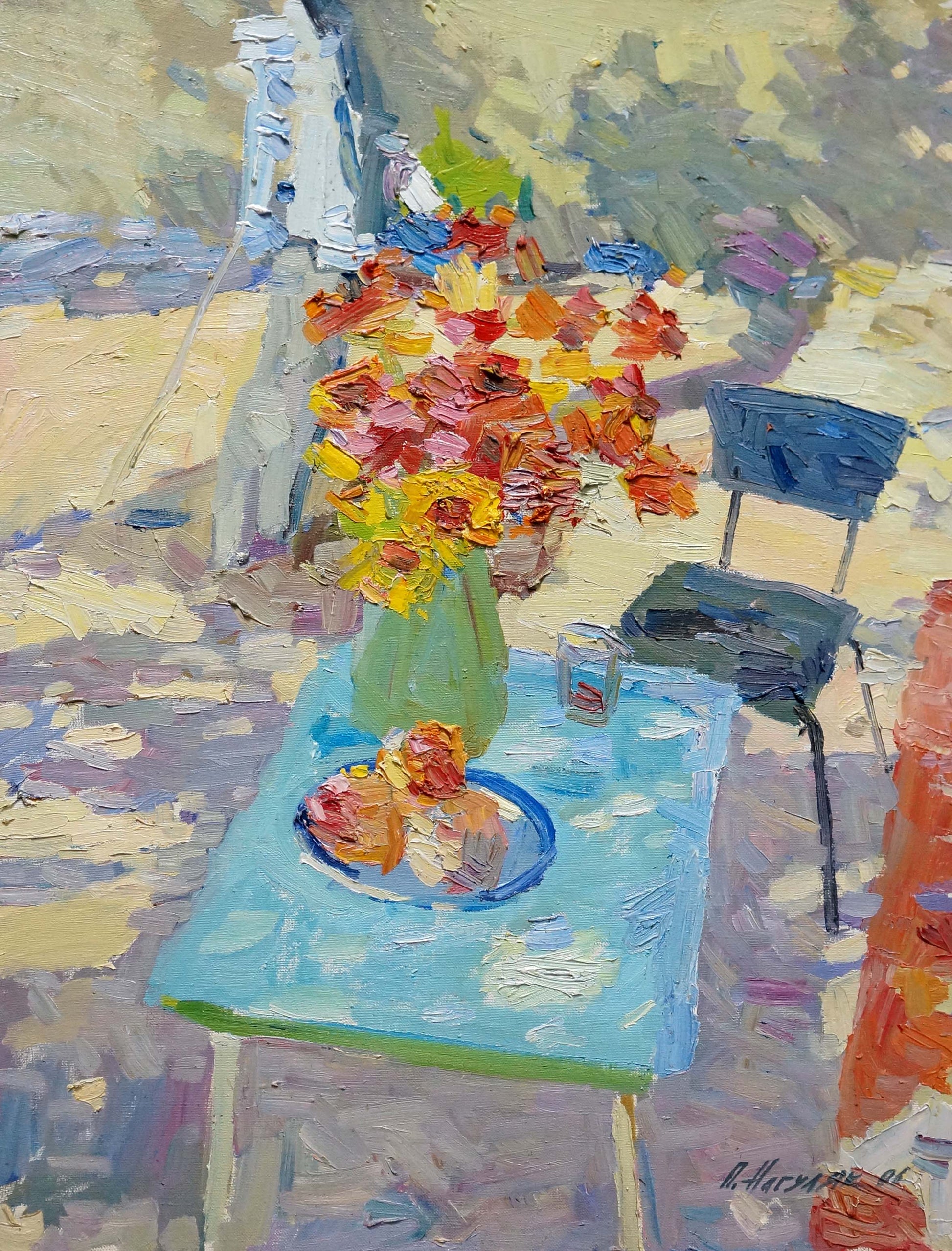 Oil painting by Nagulyak Petr Ivanovich: orange yellow flowers in green vase on blue table