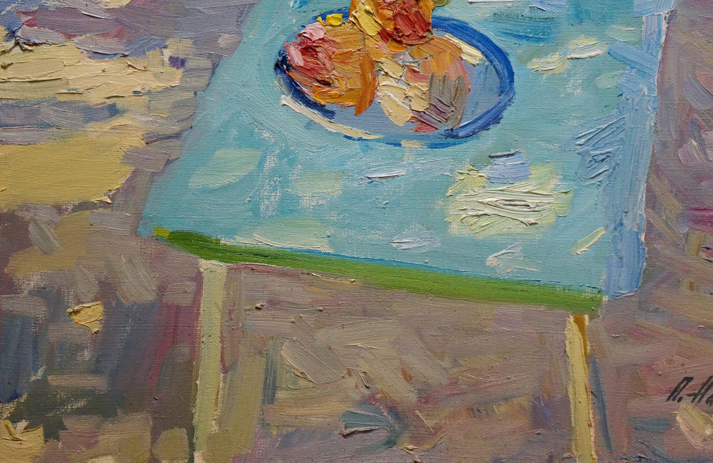 Vibrant impressionist oil painting by Nagulyak Petr Ivanovich of colorful food on blue plate