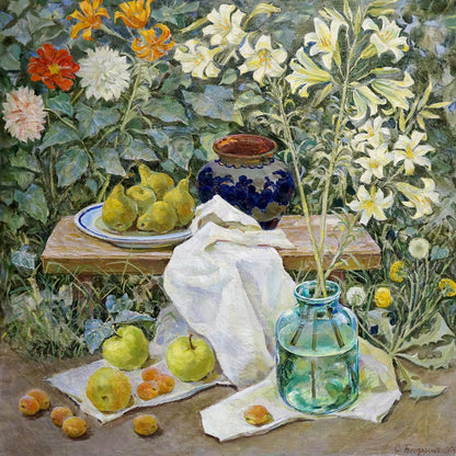 Oil painting by Bondarenko Svetlana Vladimirovna of translucent teal jar with lilies
