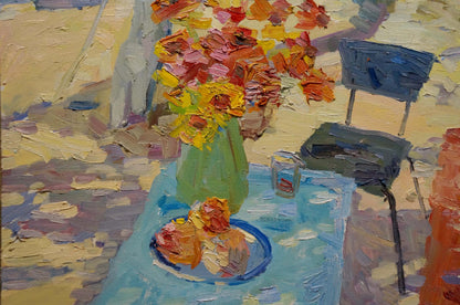 Oil painting by Nagulyak Petr Ivanovich: green vase with orange yellow flowers