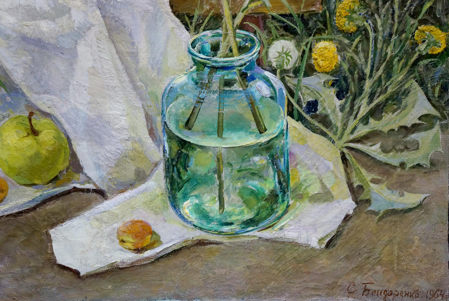 Oil painting by Bondarenko Svetlana Vladimirovna: teal jar with green stems