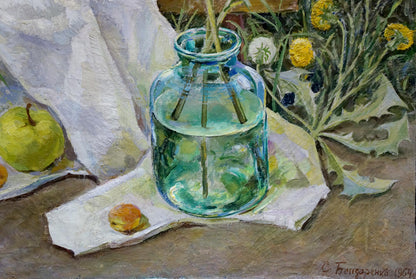 Oil painting by Bondarenko Svetlana Vladimirovna: teal jar with green stems