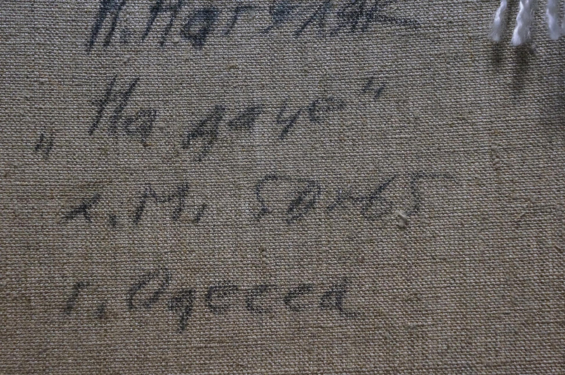 Back of Oil painting In the Country by Nagulyak Petr Ivanovich, gray textured fabric with faint handwritten script