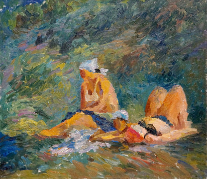 Impressionistic oil painting by Gan Nina Sergeevna of figures lounging in water