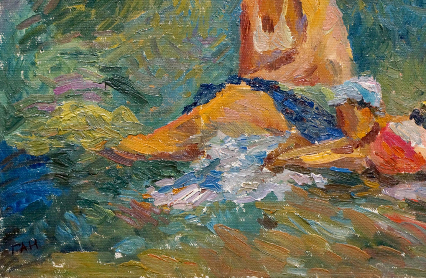 Vibrant impressionist oil painting by Gan Nina Sergeevna: figure lounging in water