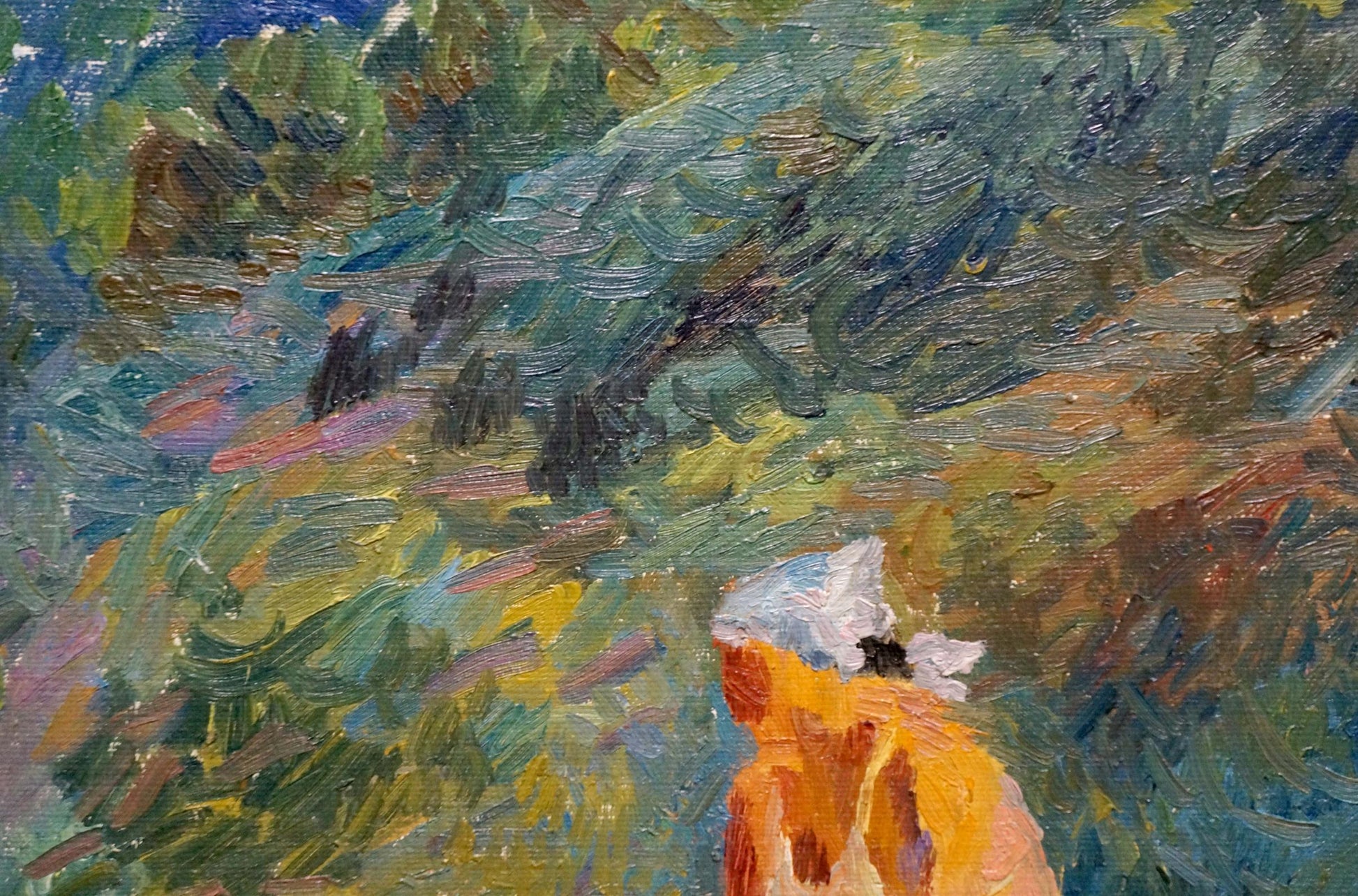 Vibrant impressionist oil painting by Gan Nina Sergeevna: woman in orange dress, white hat, lush landscape