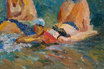 Vibrant oil painting by Gan Nina Sergeevna of people lounging on beach