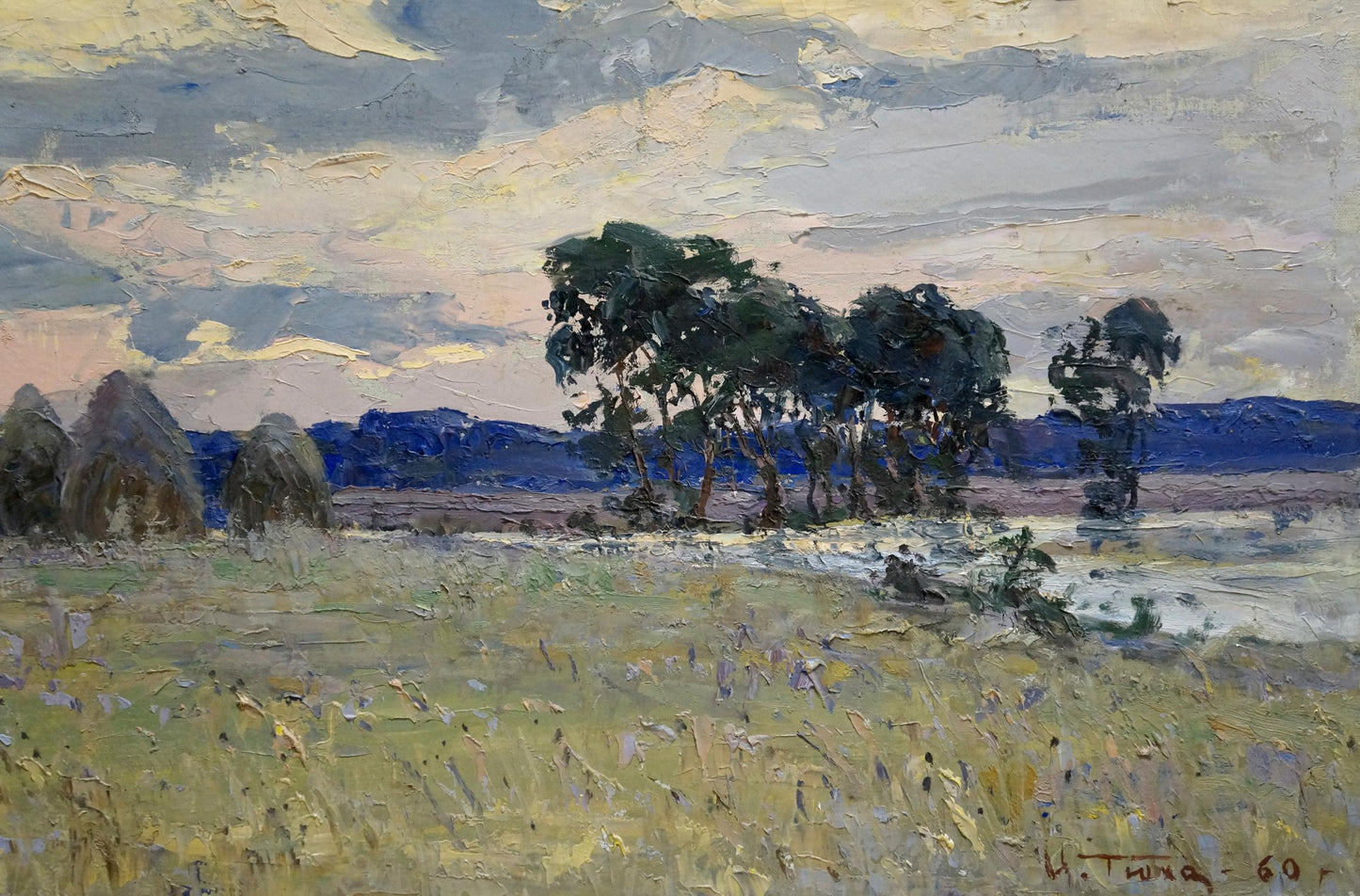 Impressionistic oil painting by Tyukha Ivan Andreevich: golden field, trees, hills
